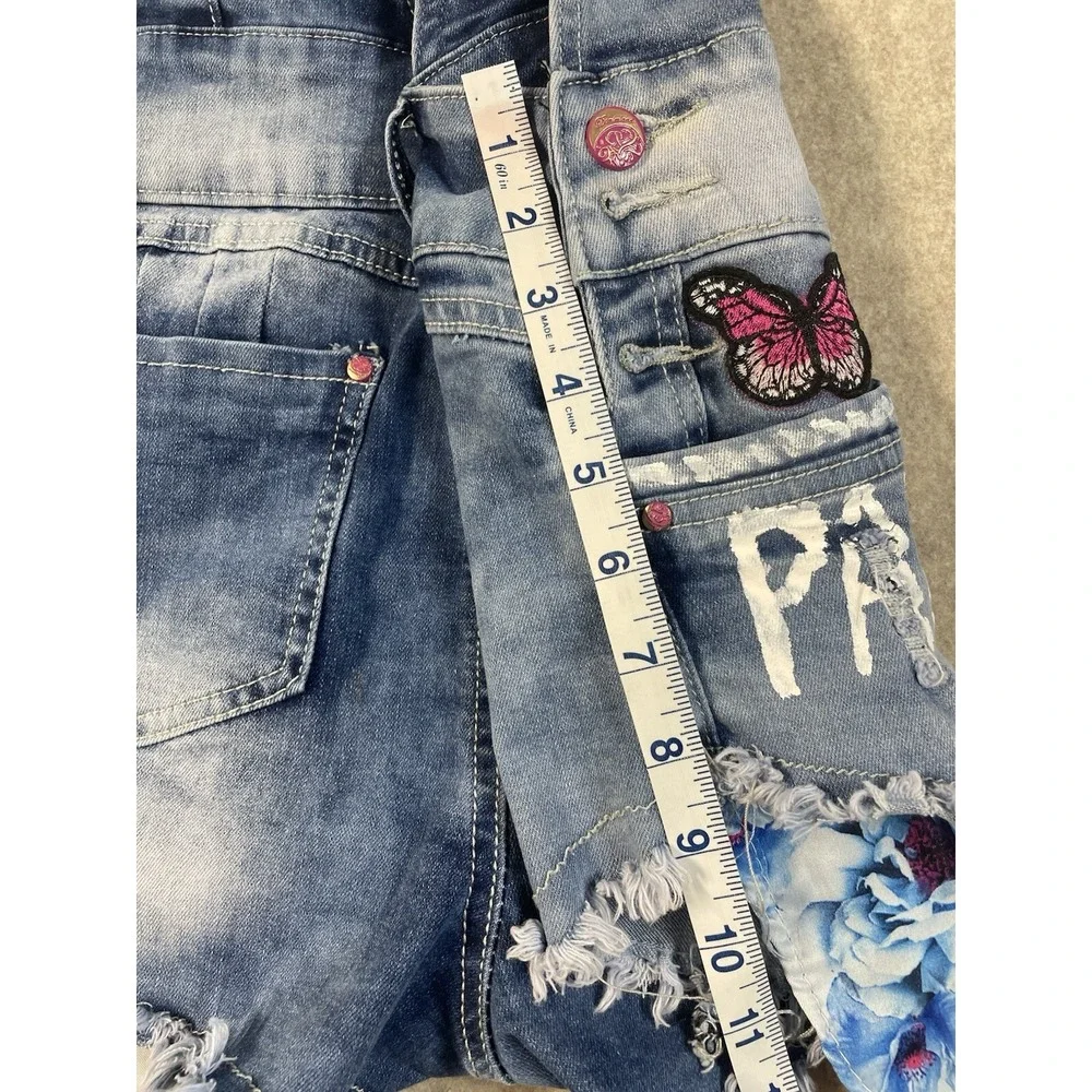 Denim Jean Girls ShortAlls Artsey Vibrant Patches Distressed Hem Painted Paris M